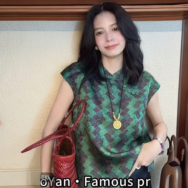 新中式短款国风马甲女夏款2025新款无袖衬衫马夹宽松印花唐装上衣