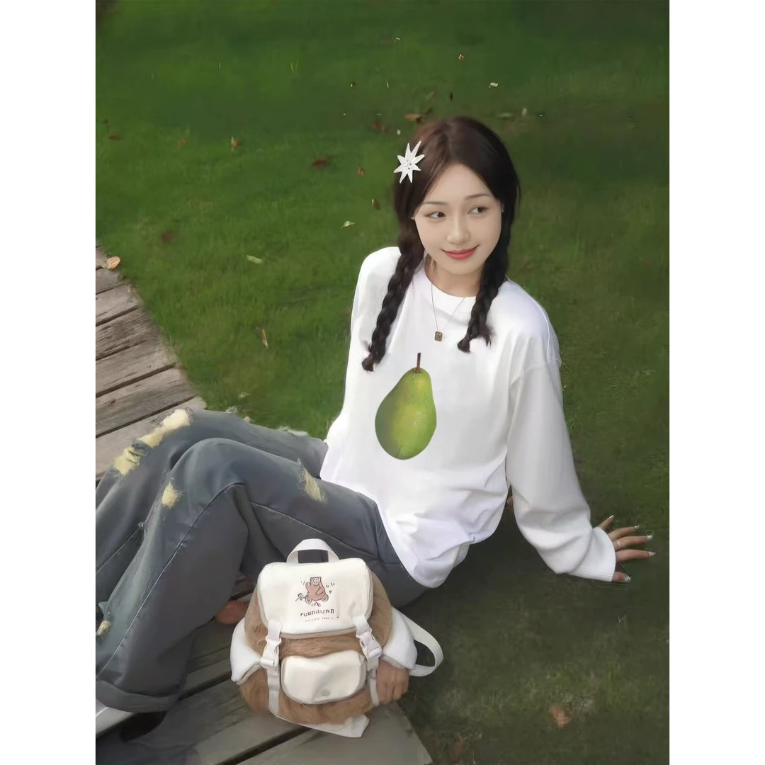 YWBY春秋季新款百搭简约港风女纯棉螺口长袖设计感印花休闲上衣