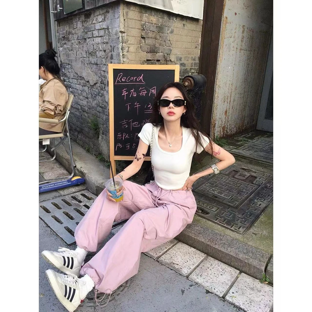 徐秋阳  粉色工装裤  百搭时尚休闲设计感显瘦显白运动洋气休闲裤
