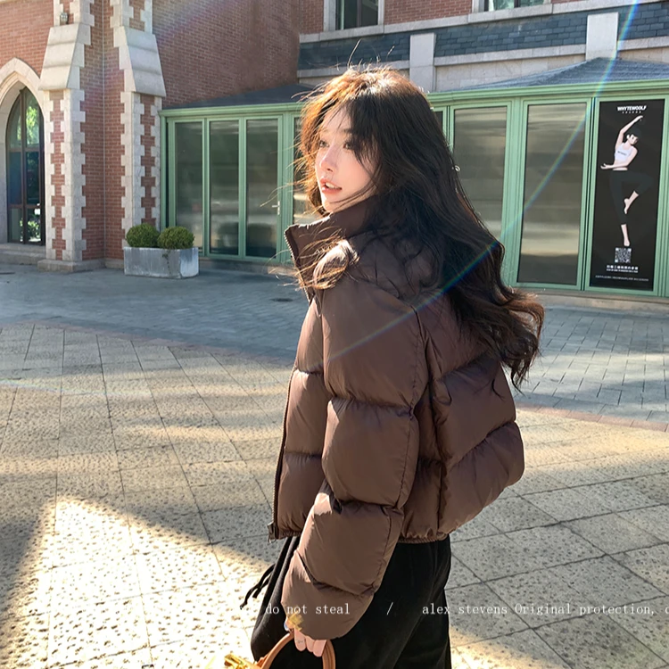 冬季女生短款棉服女新款立领棉衣简约纯色棉服休闲百搭潮流棉外套