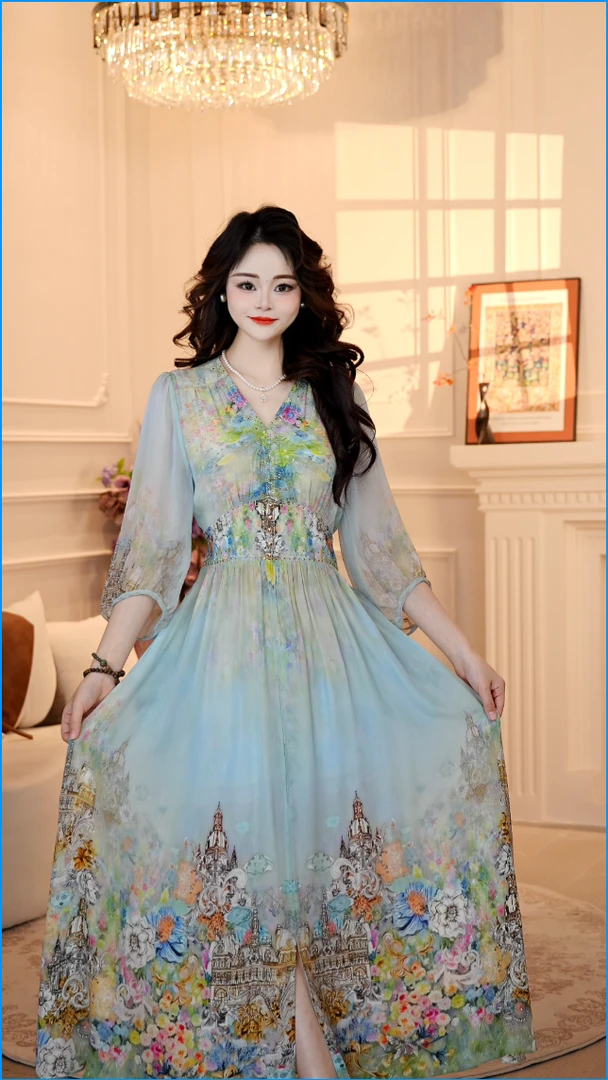 【铃兰城堡】25年定位花名媛风优雅气质收腰高端长款连衣裙