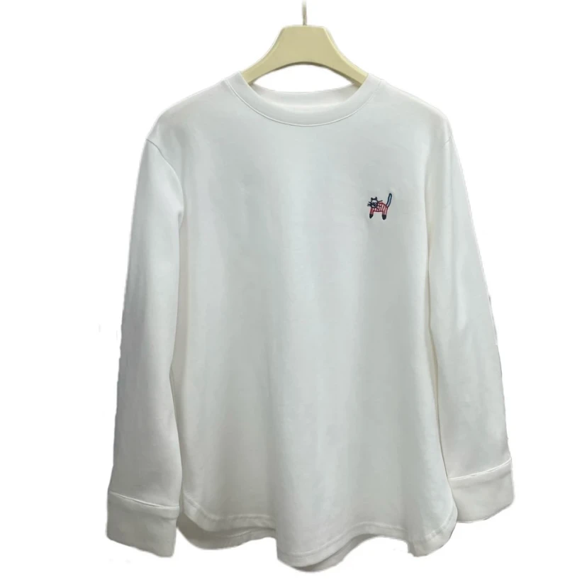 【慧姐私服】24新款休闲百搭时尚刺绣小猫纯白加厚圆领T恤6995