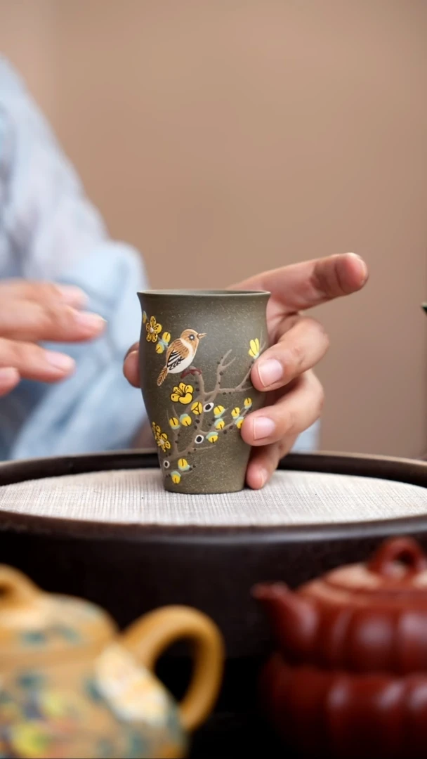 茶壶紫砂老青段闻香杯腊梅黄鸟