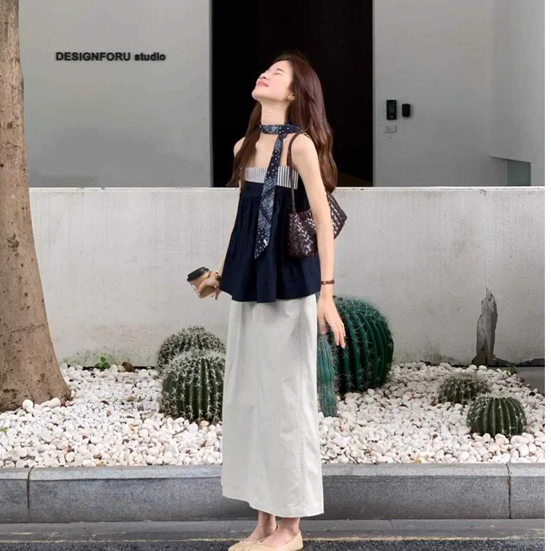 洋气衣服女韩系撞色条纹拼接无袖吊带背心上衣半身裙子显瘦两件套