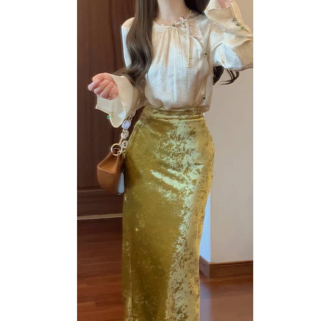 醋酸柔滑新中式盘扣国风衬衫中国风半身裙女春秋包臀开衩裙套装