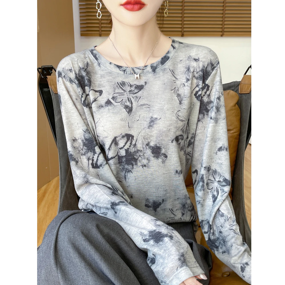 莱赛尔天丝长袖 水墨画圆领抗皱一秒回弹防晒内搭不透 洋气好看！