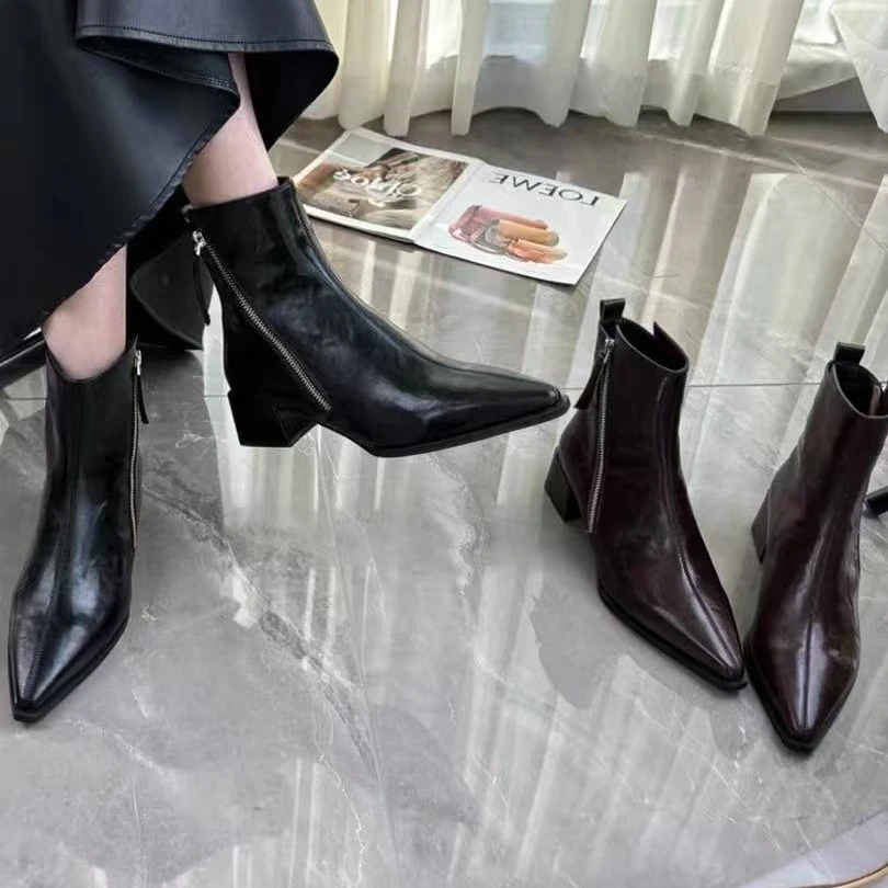 【4厘米】法式短靴女冬季新款加绒尖头粗跟中跟马丁靴复古瘦瘦靴