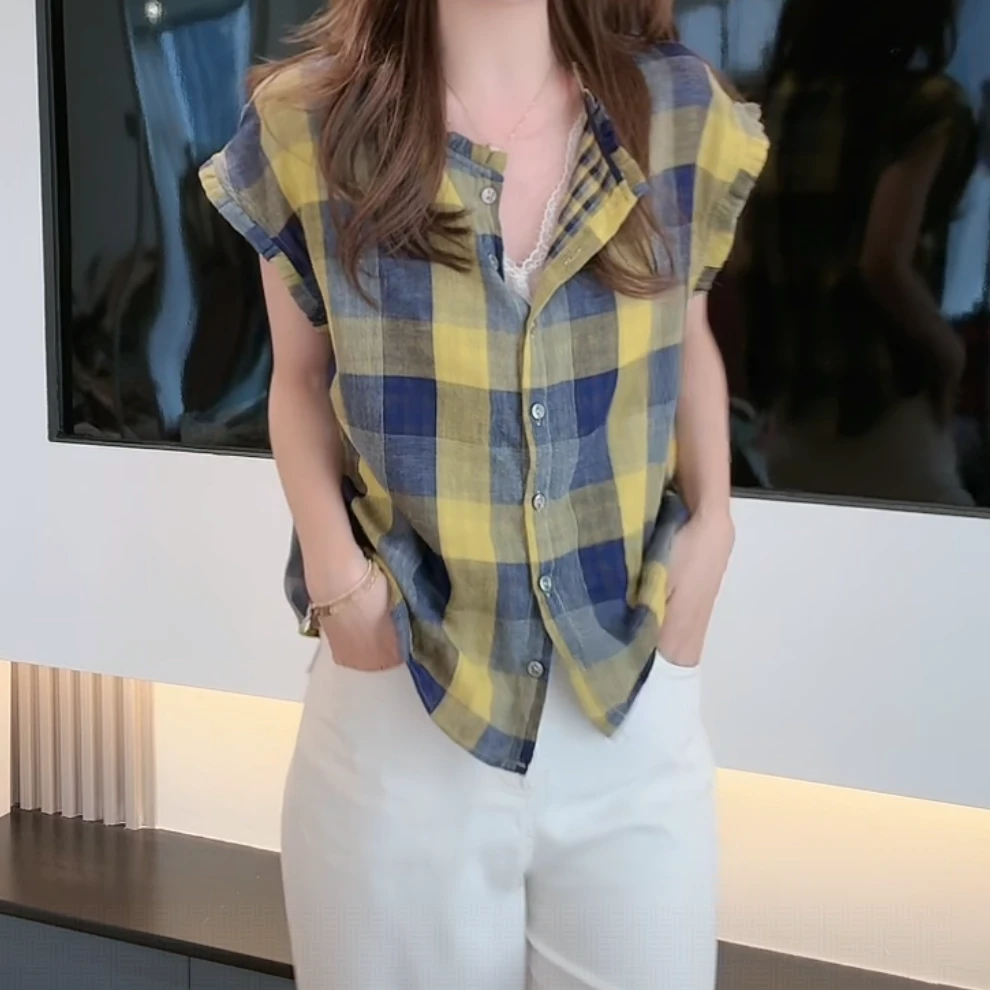 洋气休闲格子背心衬衫时尚无袖衬衣女2025年夏季新款防晒衬衣