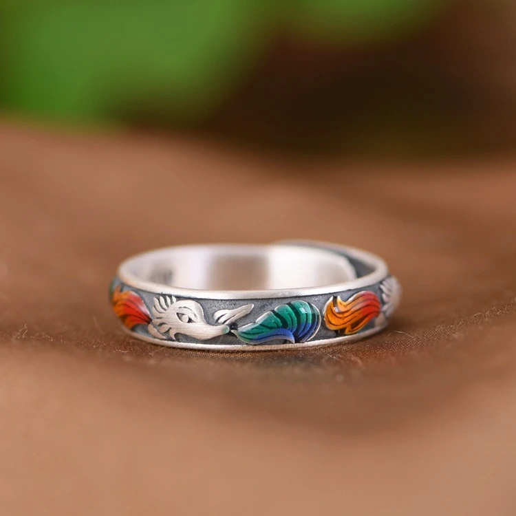 足银戒指 茶语-复古开口银狐狸指环