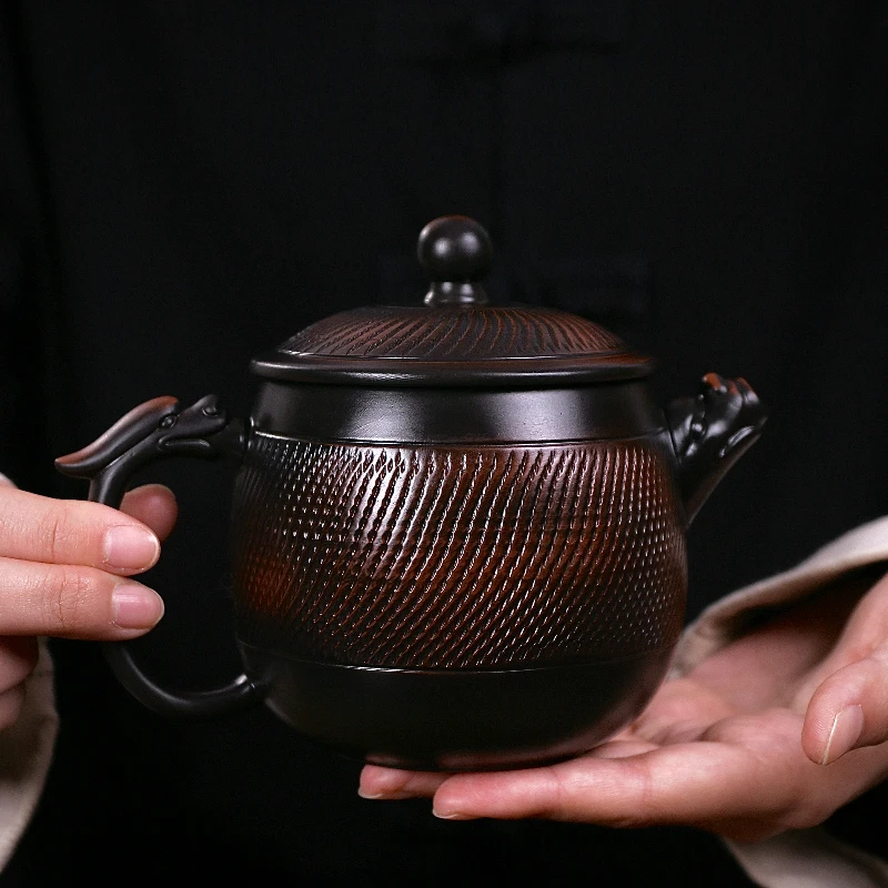 紫陶高筒龙把汉瓦凤鸣壶大容量中式泡茶壶复古紫砂壶(陈荣火）S