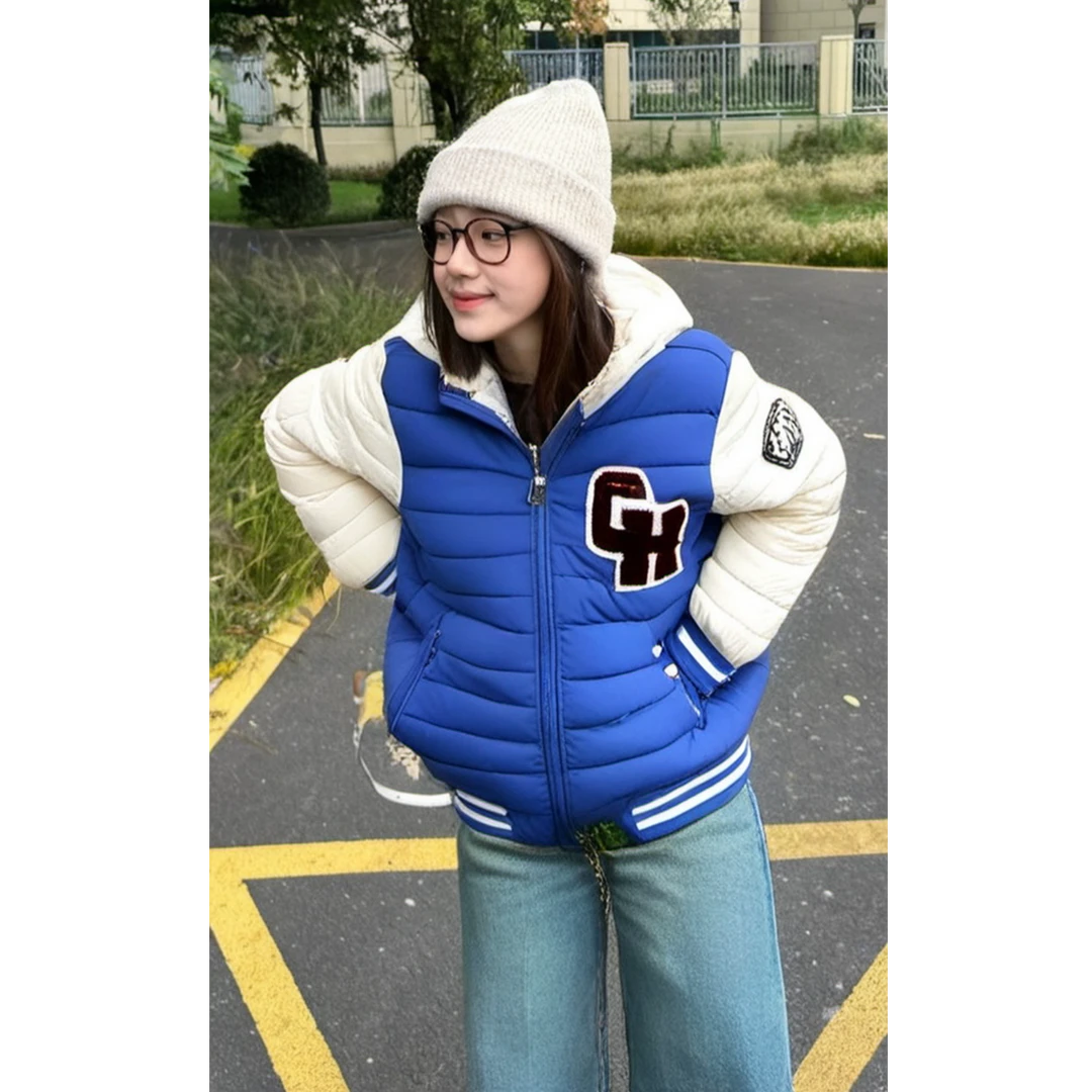 H5VBY170#女款加厚外套秋冬款连帽保暖拼色连帽棒球服棉袄