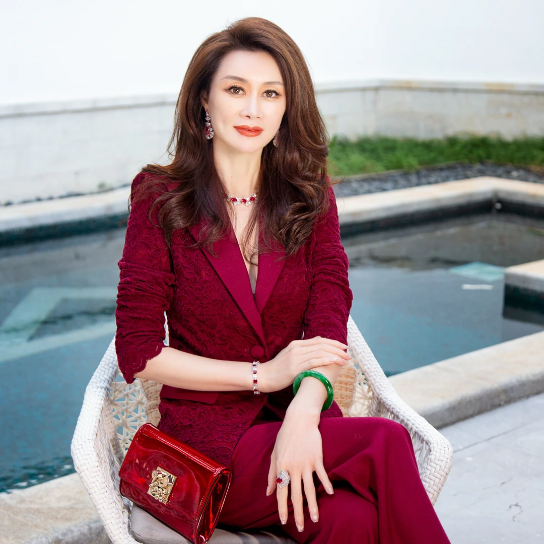 EDFNOT/杨红霞汝意FS酒红色蕾丝羊毛单西服