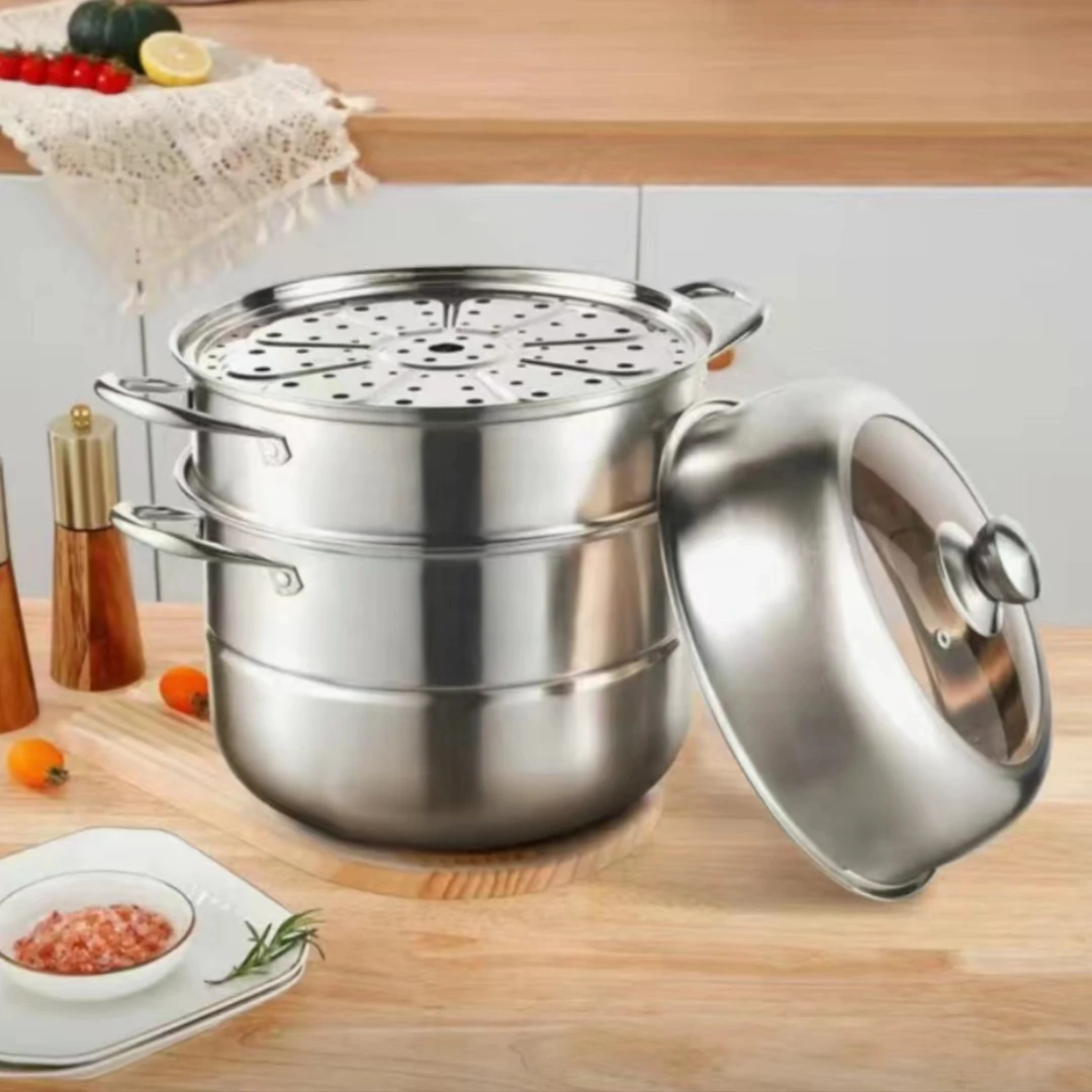 28CM三层透明玻璃不锈钢蒸锅家用汤锅蒸馒头电磁炉通用