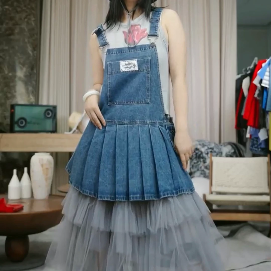 infobyfive福利夏季新款可调节牛仔背带裙百褶裙NF0505115