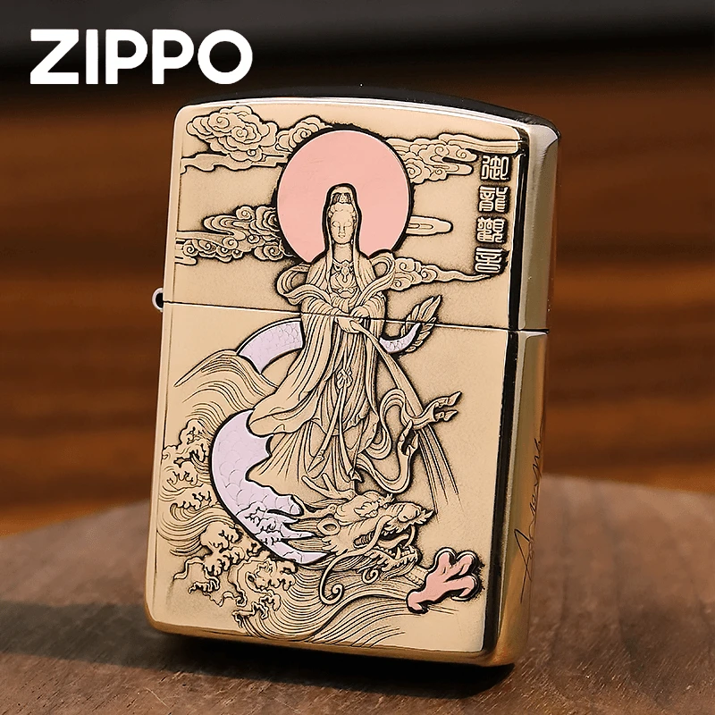 ZIPPO正品打火机168御龙观音纯紫铜镶嵌盔甲浮雕DY9812GQ【林子1】