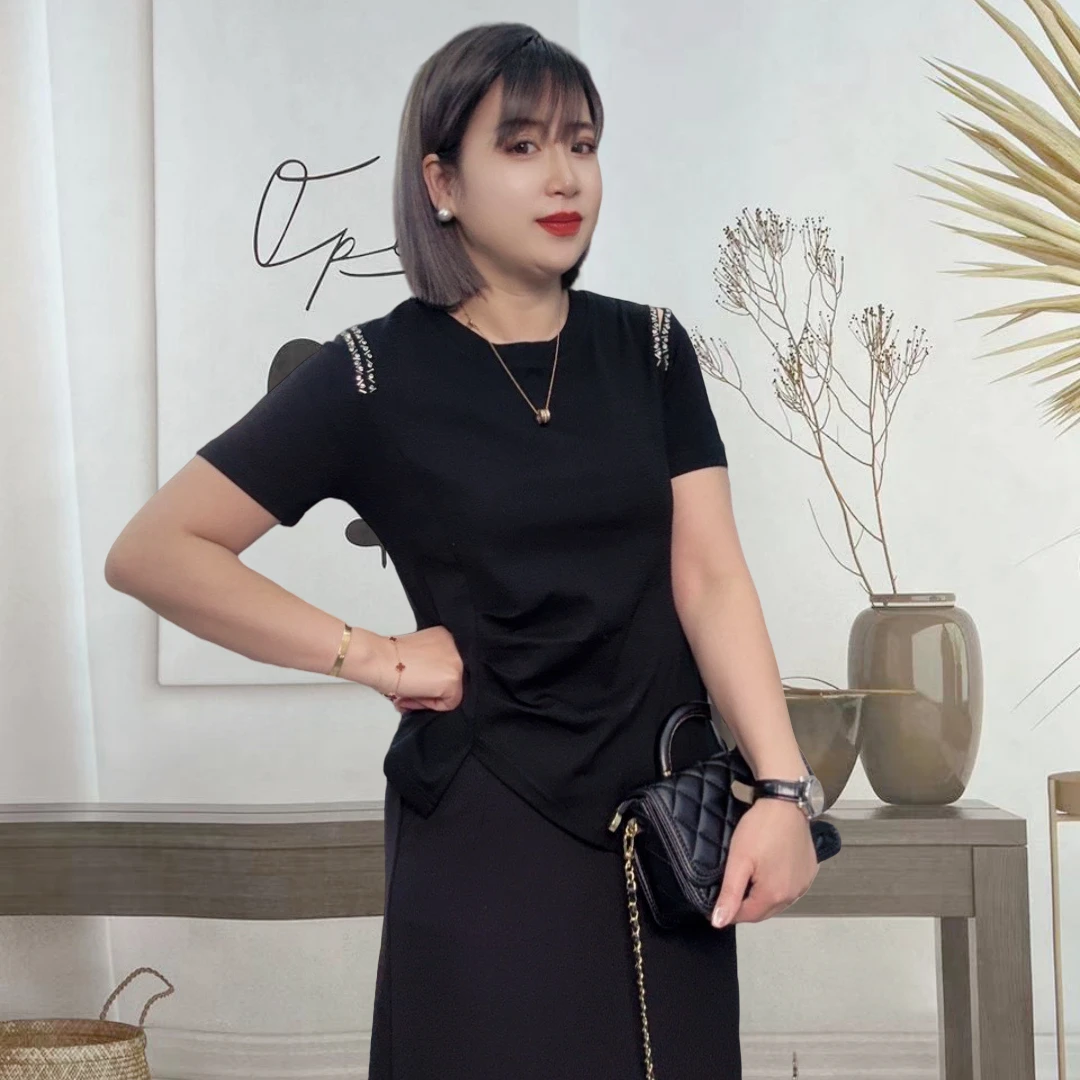 夏季新款圆领手工钉珠短袖t恤时尚修身皱褶开叉上衣女装潮3502