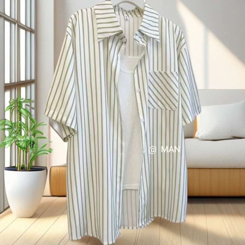 7801新款韩版设计感小众条纹拼接短袖衬衫宽松上衣