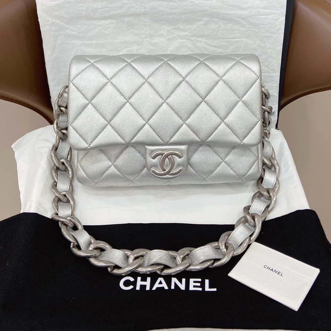 99新 Chanel/香奈儿  24C银色链条包 单肩 菱格/G24SH8498