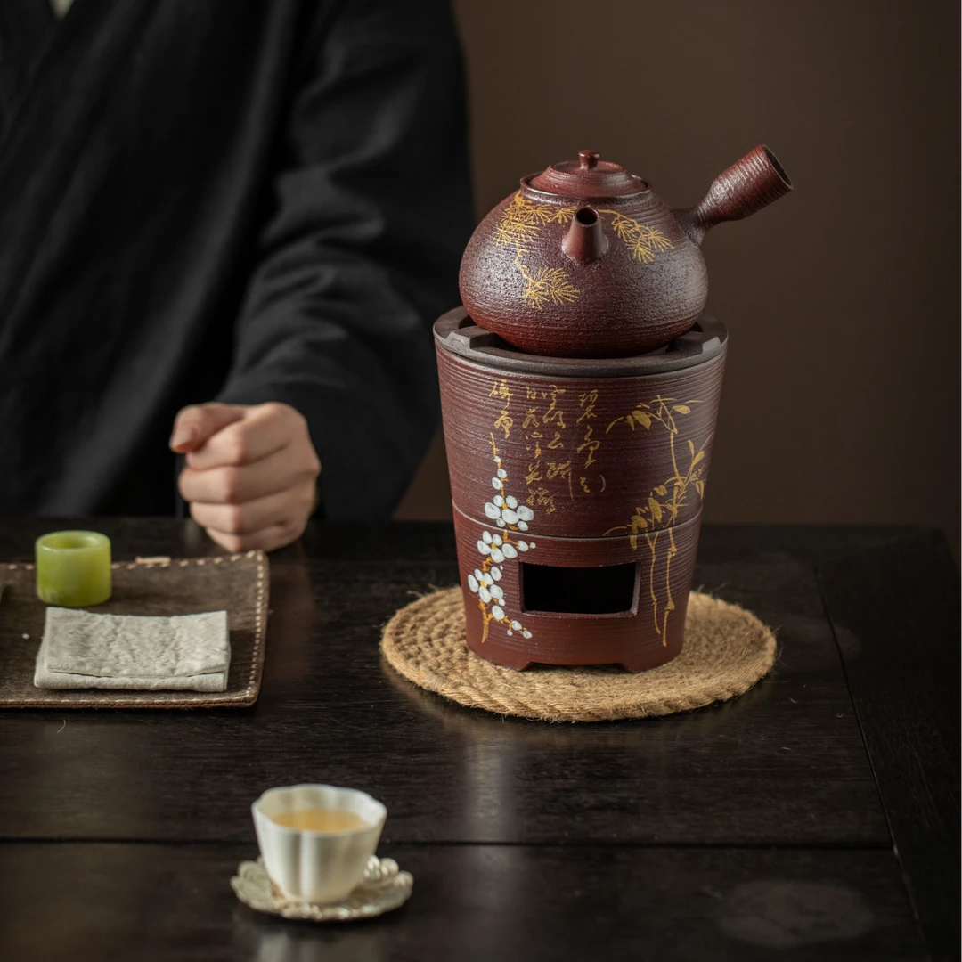 粗陶见山手绘碳炉家用日式功夫茶具煮茶酒精加热双用烧水户外炭炉