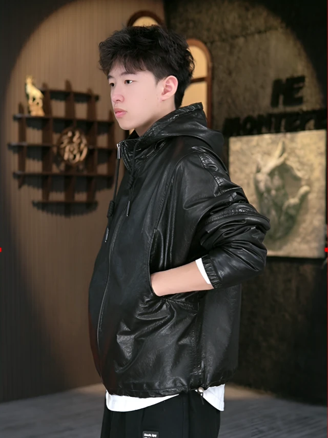 海宁真皮皮衣男油蜡牛皮短款连帽宽松蝙蝠袖百搭外套加厚【122】