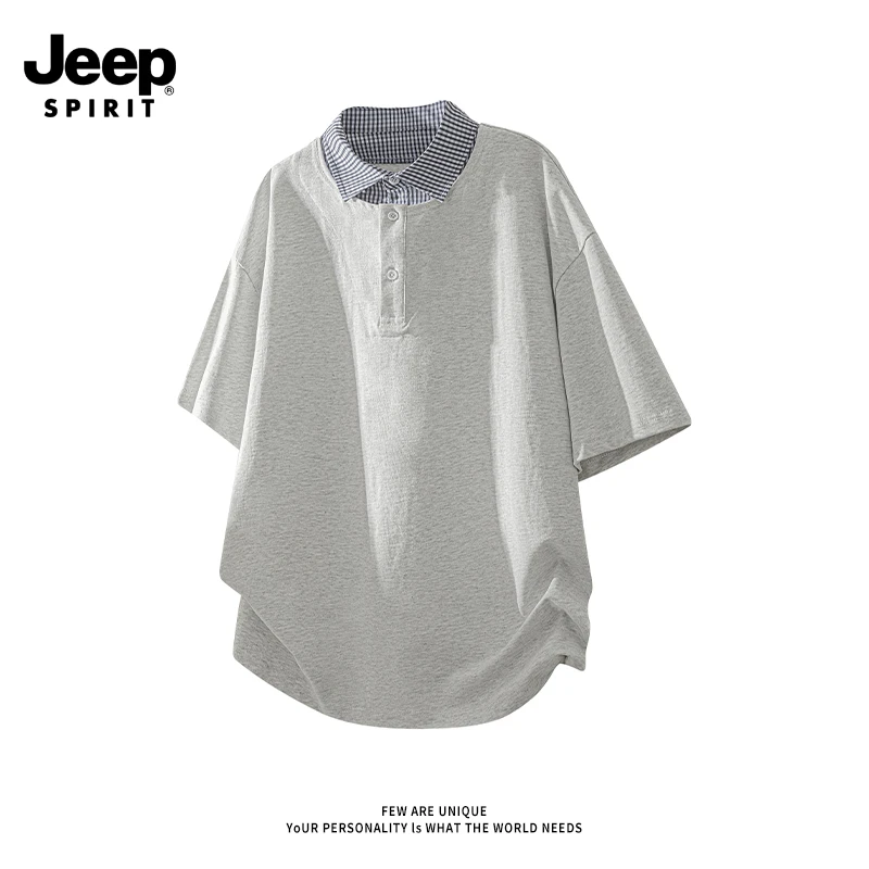JEEPSPIRIT吉普学院风polo衫男假两件撞色拼接设计格子宽松短袖夏