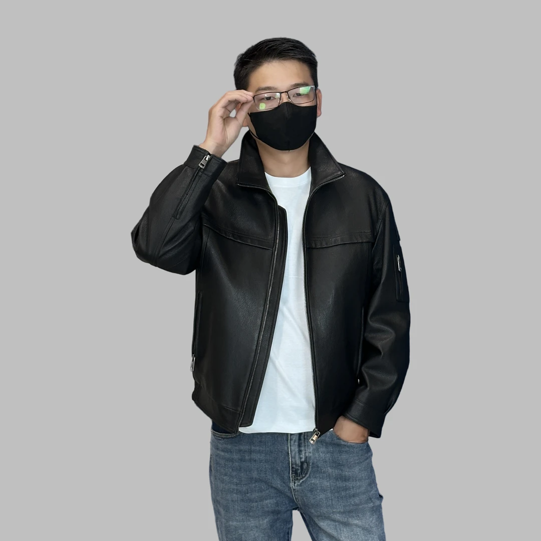 无涂层小山羊鹿纹皮时尚港风简约立领春秋男士黑色真皮皮衣皮夹克