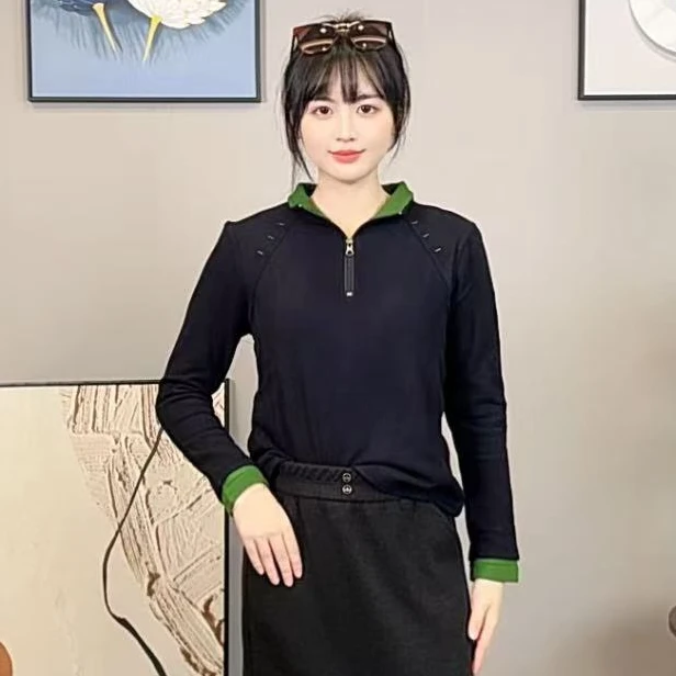 冬季新款时尚女装半拉链撞色气质显瘦休闲百搭长袖打底衫YK63114