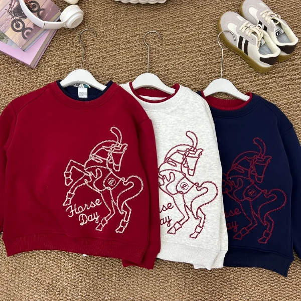 新款冬季儿童加绒加厚生肖年款中大童运动休闲刺绣加绒卫衣8058