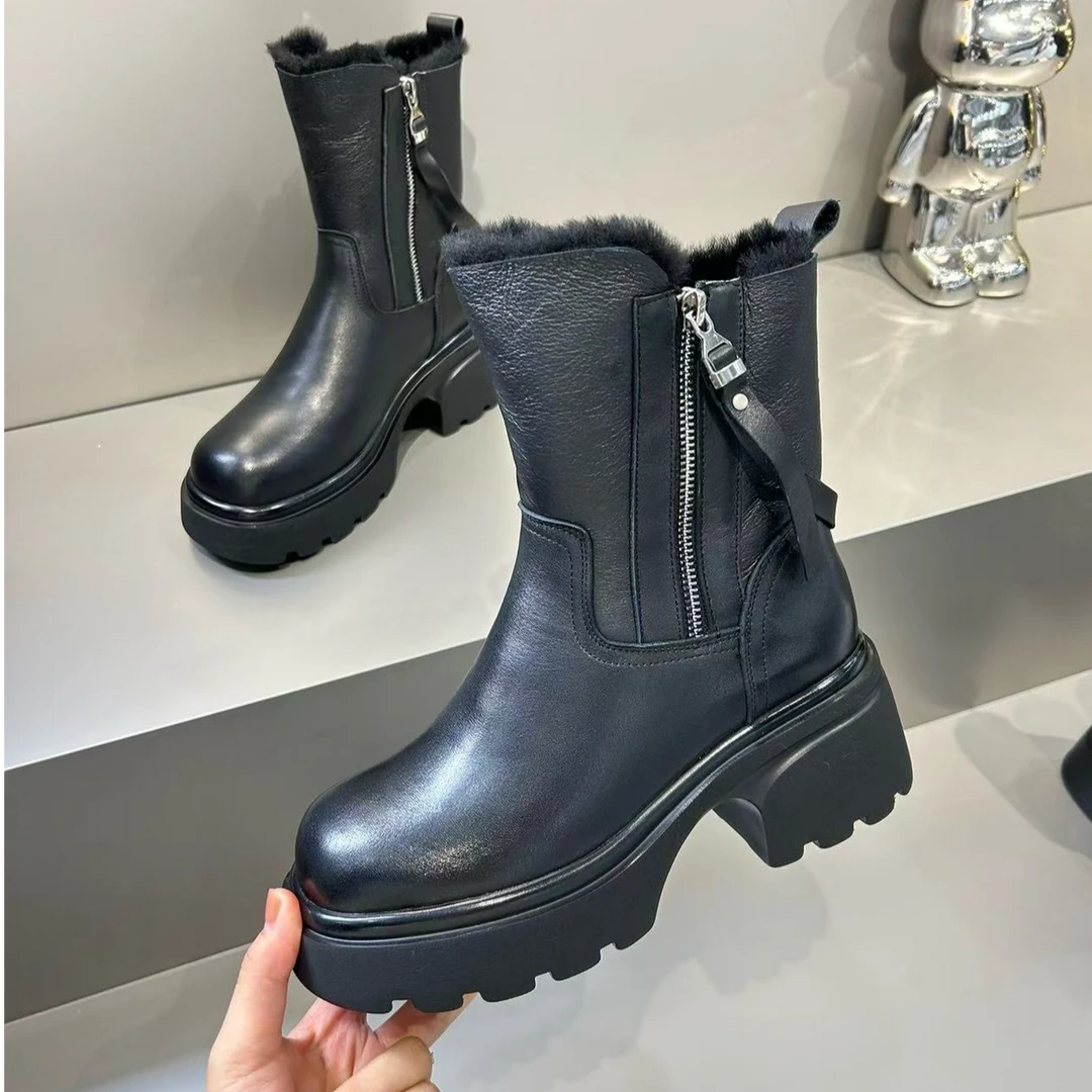 13-30-116女士牛皮时尚百搭秋冬皮毛一体舒适加绒中筒女鞋