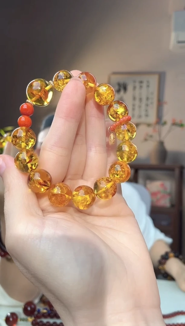裸石琥珀未镶嵌14+ 花珀圆珠手串设计款