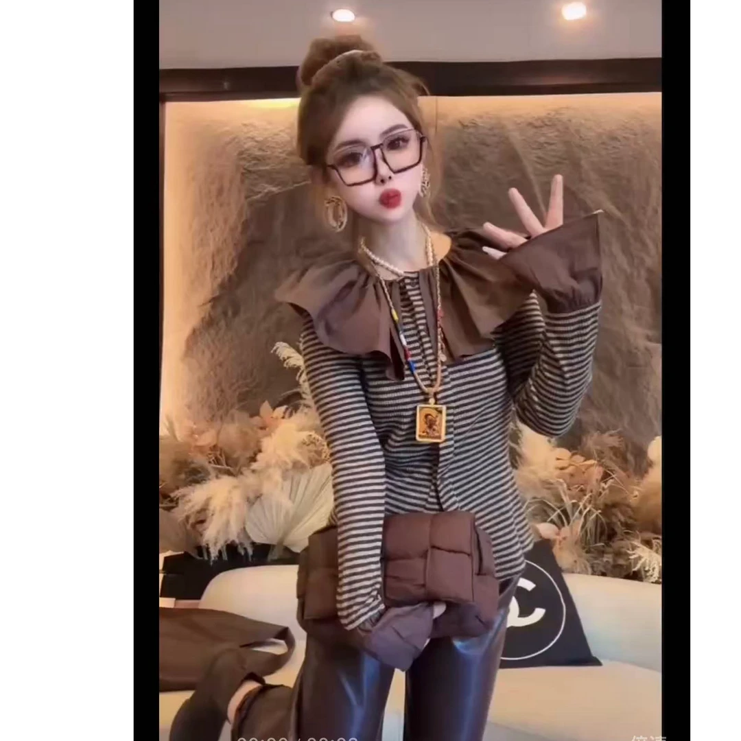 D1118新款时尚减龄拼色荷叶领喇叭袖条纹开衫外搭小衫女