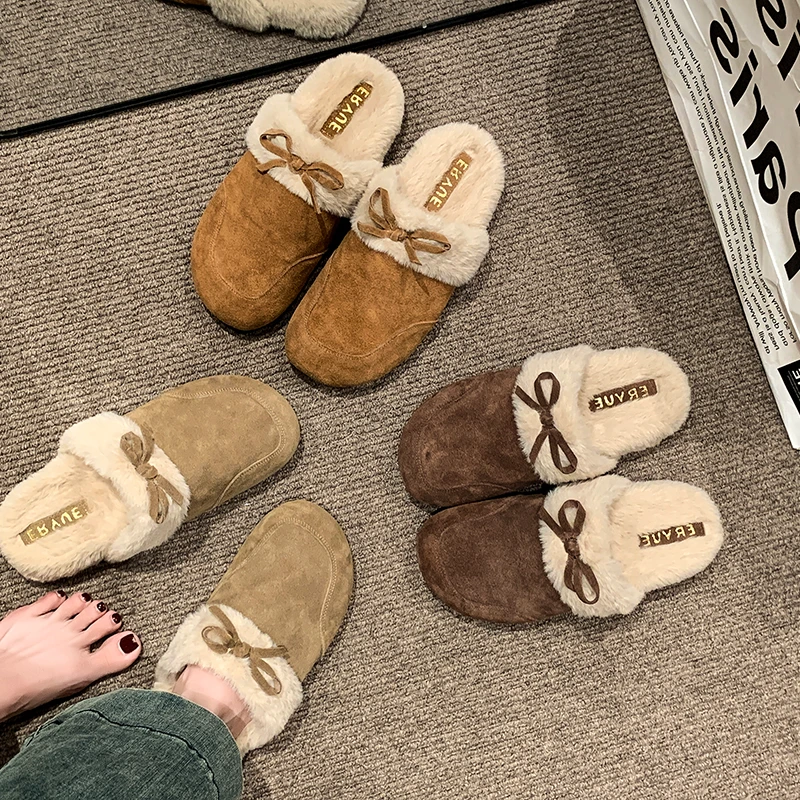 复古包头厚底毛毛半拖鞋女外穿2025冬新款懒人一脚蹬豆豆半拖棉鞋