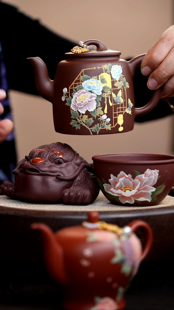 茶壶紫砂紫泥高巨轮繁花似锦（新珠） +杯