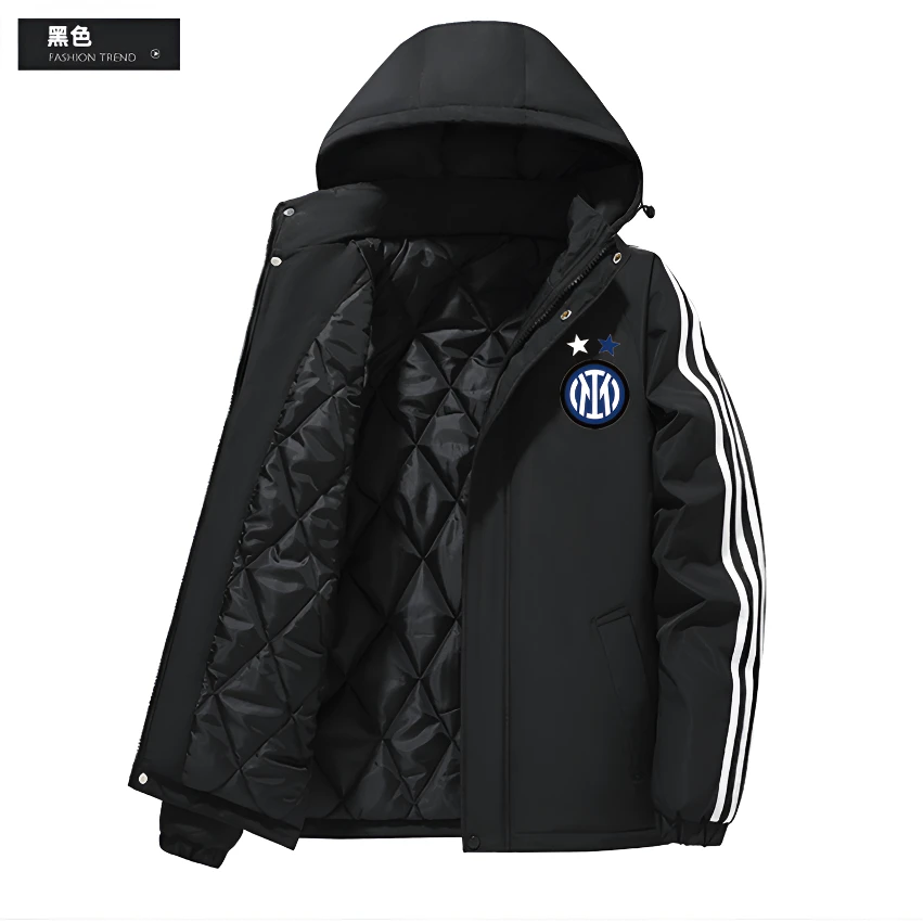 【加厚款】冬季经典三条杠足球运动休闲外套可拆卸帽休闲防风外棉衣
