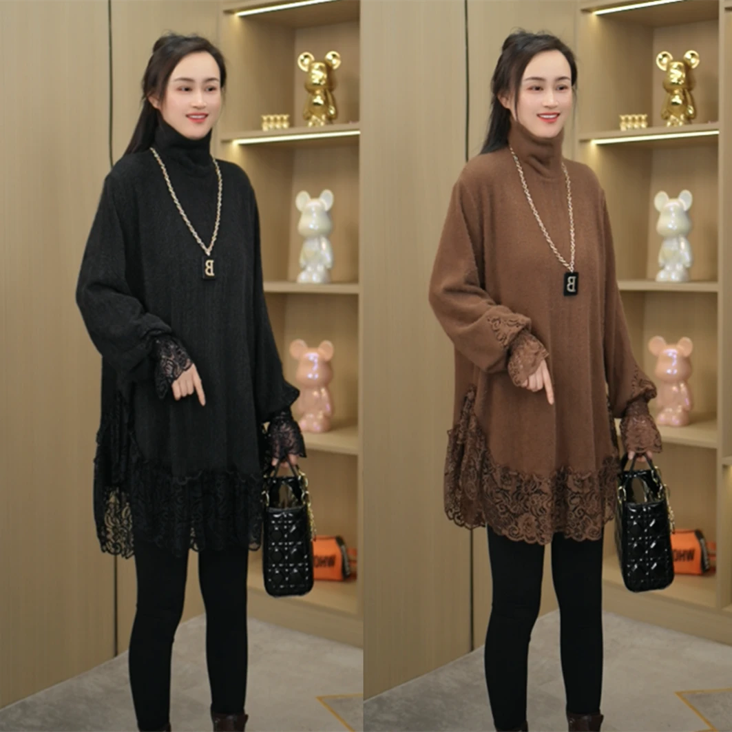 冬季新款 欧货高领水貂绒拼接蕾丝打底衫洋气时尚百搭上衣