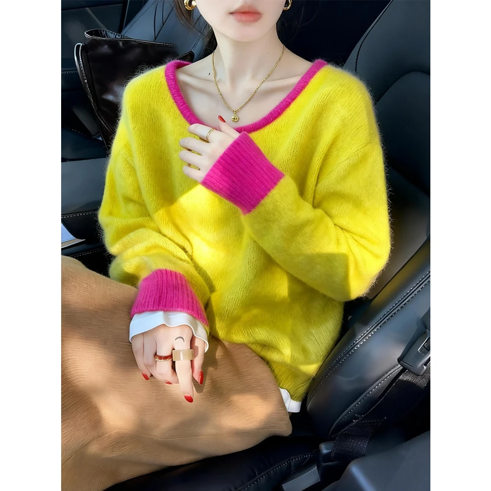 黄色拼接毛衣慵懒高级感秋冬女装2025新款奶呼呼软糯针织衫上衣女