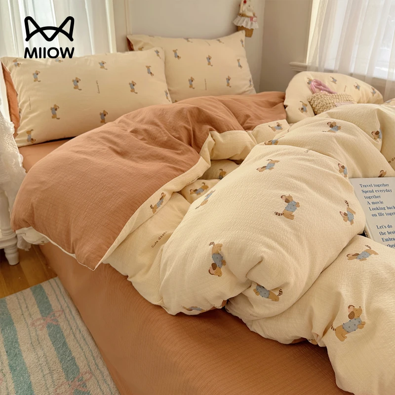 猫人小清新双层纱床上四件套床单被套学生宿舍单人三件套亲肤柔软