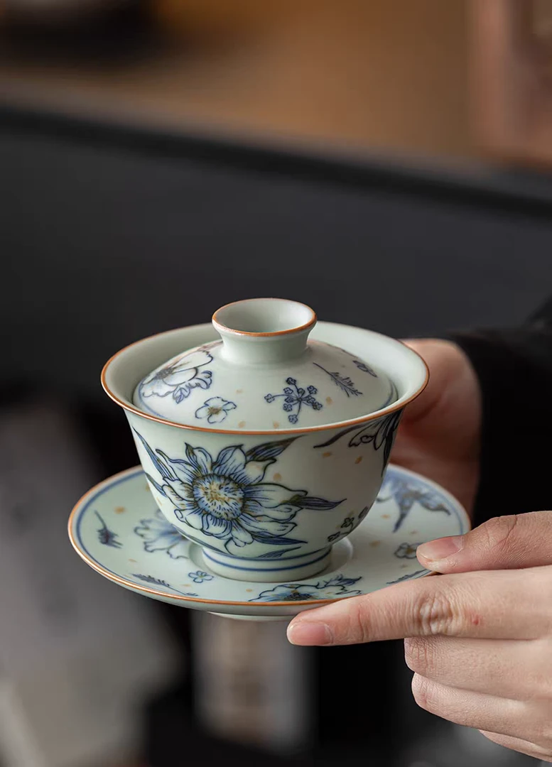 中式茶杯亚青釉太阳花不烫手陶瓷三才盖碗款式茶器蓝色茶具家用