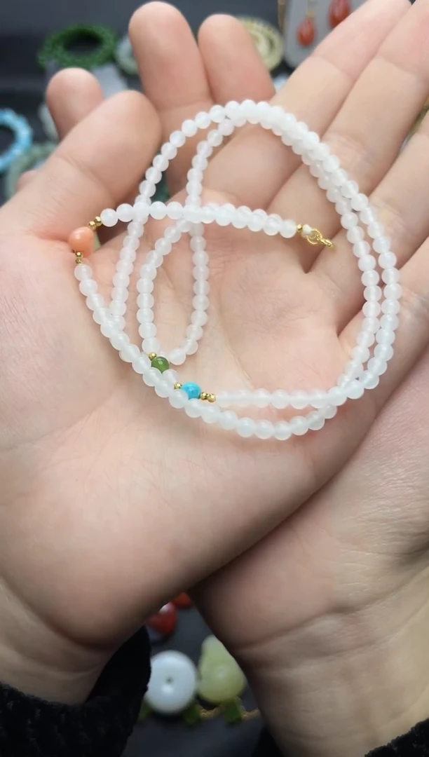 颈饰18K金镶嵌和田玉白玉万能链06