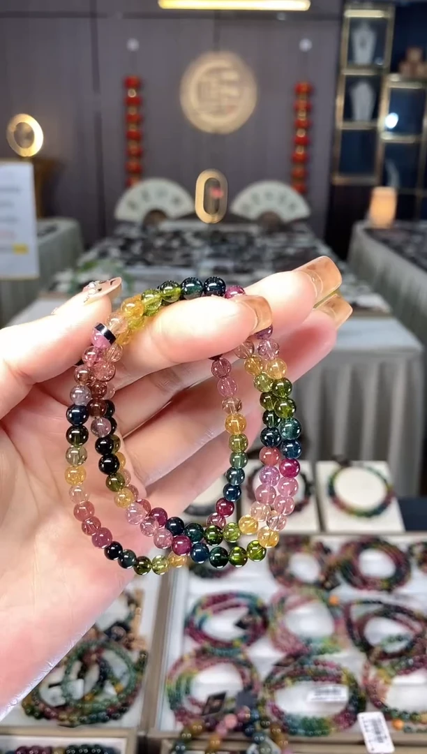 未镶嵌老矿碧玺色标彩虹三圈手串5mm+碧玺dan多样性发货一条