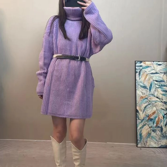 【饭饭推荐】高领开叉套头中长款慵懒风毛衣女