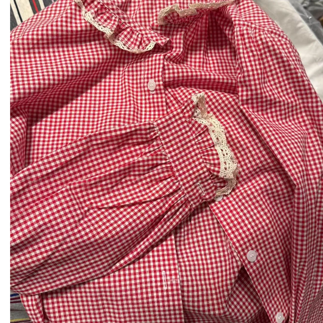 【NO退NO换】韩国东大门2025春款红格子蕾丝衬衣