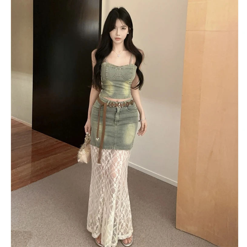 辣妹牛仔套装韩系纯欲气质显瘦抹胸吊带上衣女高腰拼接蕾丝半身裙