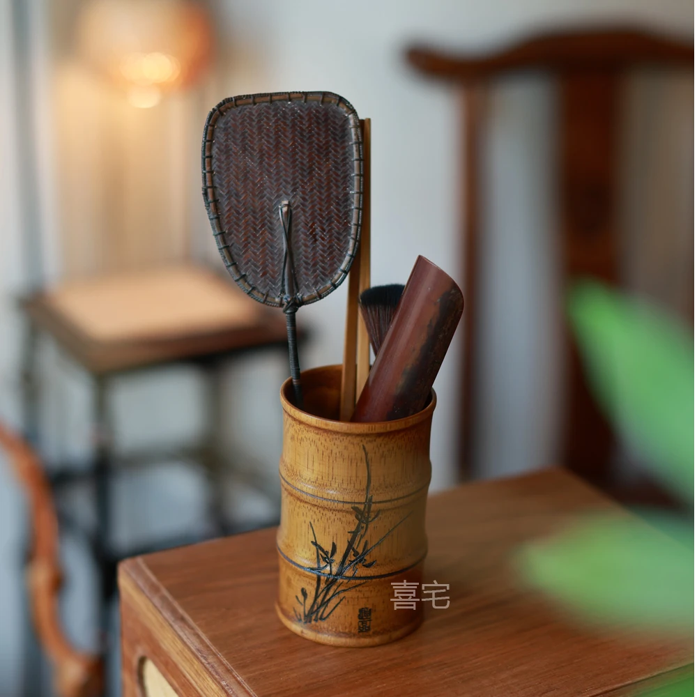 竹雕六君子茶筒竹筒茶道配件桌面文具收纳筒小笔筒筷筒