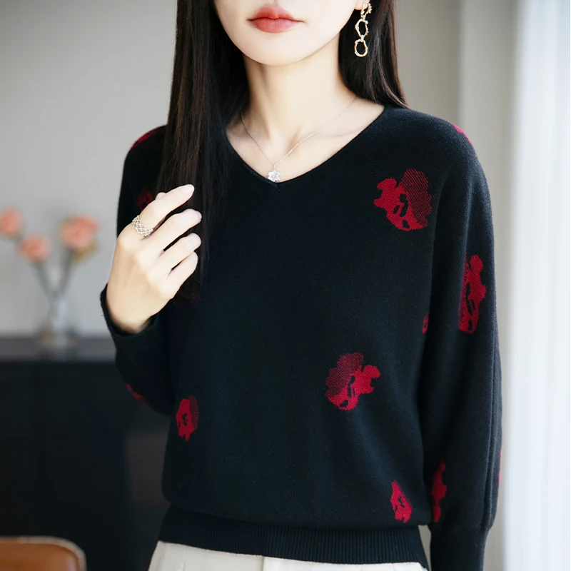 时尚品牌女装春秋圆领精纺桑蚕丝针织衫洋气套头长袖宽松百搭上衣