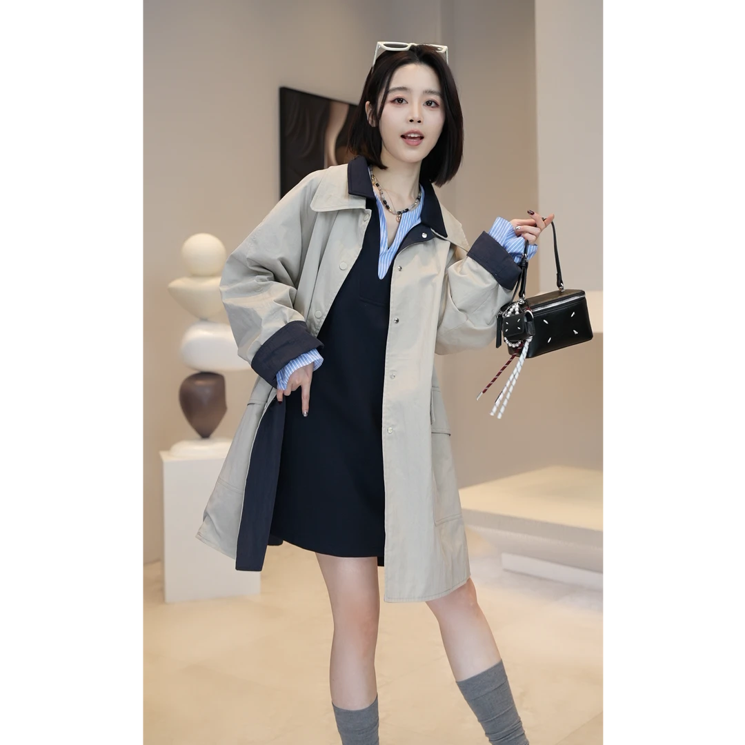 少量现货【YUE YUE】两面穿翻领中长款风衣宽松两面穿外套女W999