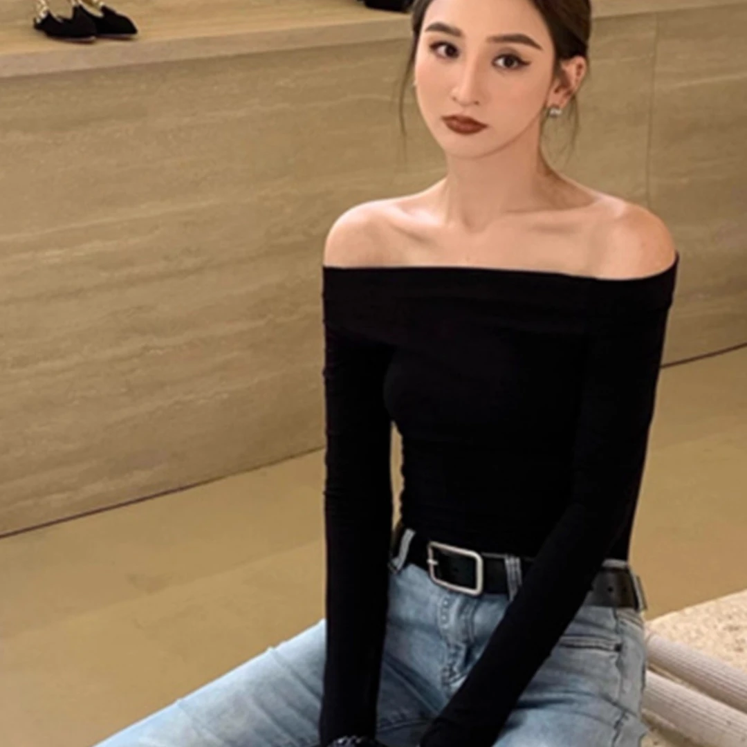 一字肩黑色长袖t恤女早秋御姐修身显瘦性感露锁骨辣妹打底衫上衣
