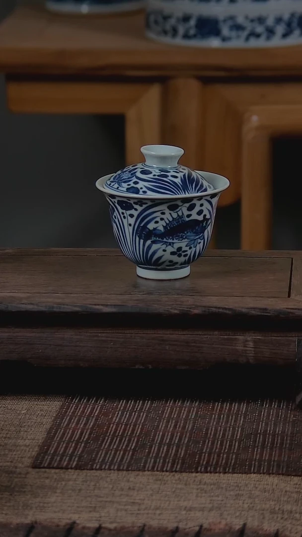 盖碗折葵非器手工手绘鱼藻两才盖碗