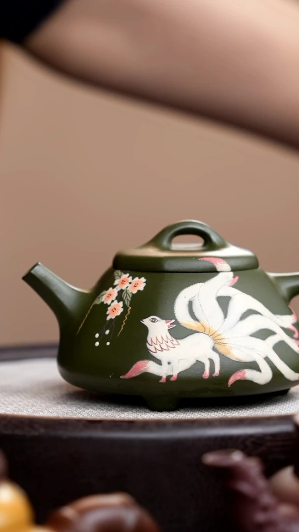 茶壶紫砂端绿八方石瓢泥绘凤九