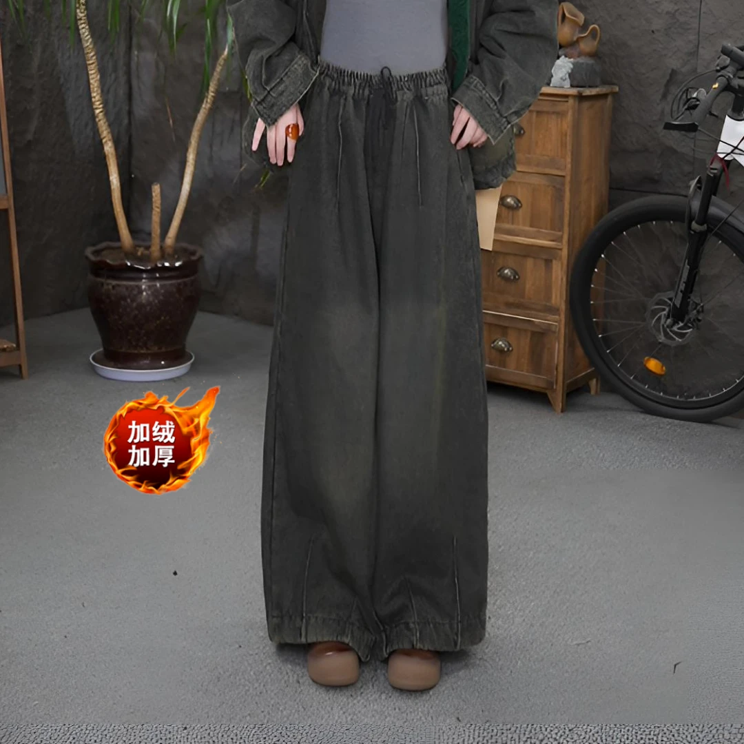 【加绒牛仔裤】qq厚款松紧腰无弹做旧牛仔裤复古抽绳直筒秋冬季女裤